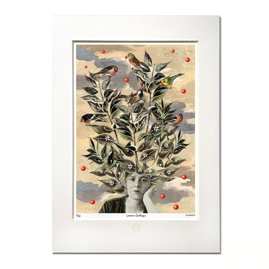 A3_No.002「Ruscus aculeatus and 6 birds」ナギイカダと6羽の小鳥